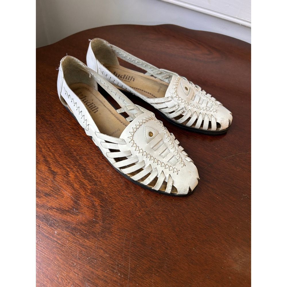 Vintage Judith White Leather Huarache Flats Woven Slip On Shoes Brazil Size 10
